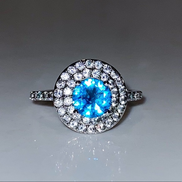 Double Halo Ring with Blue Stone Size 7 - Picture 3 of 5